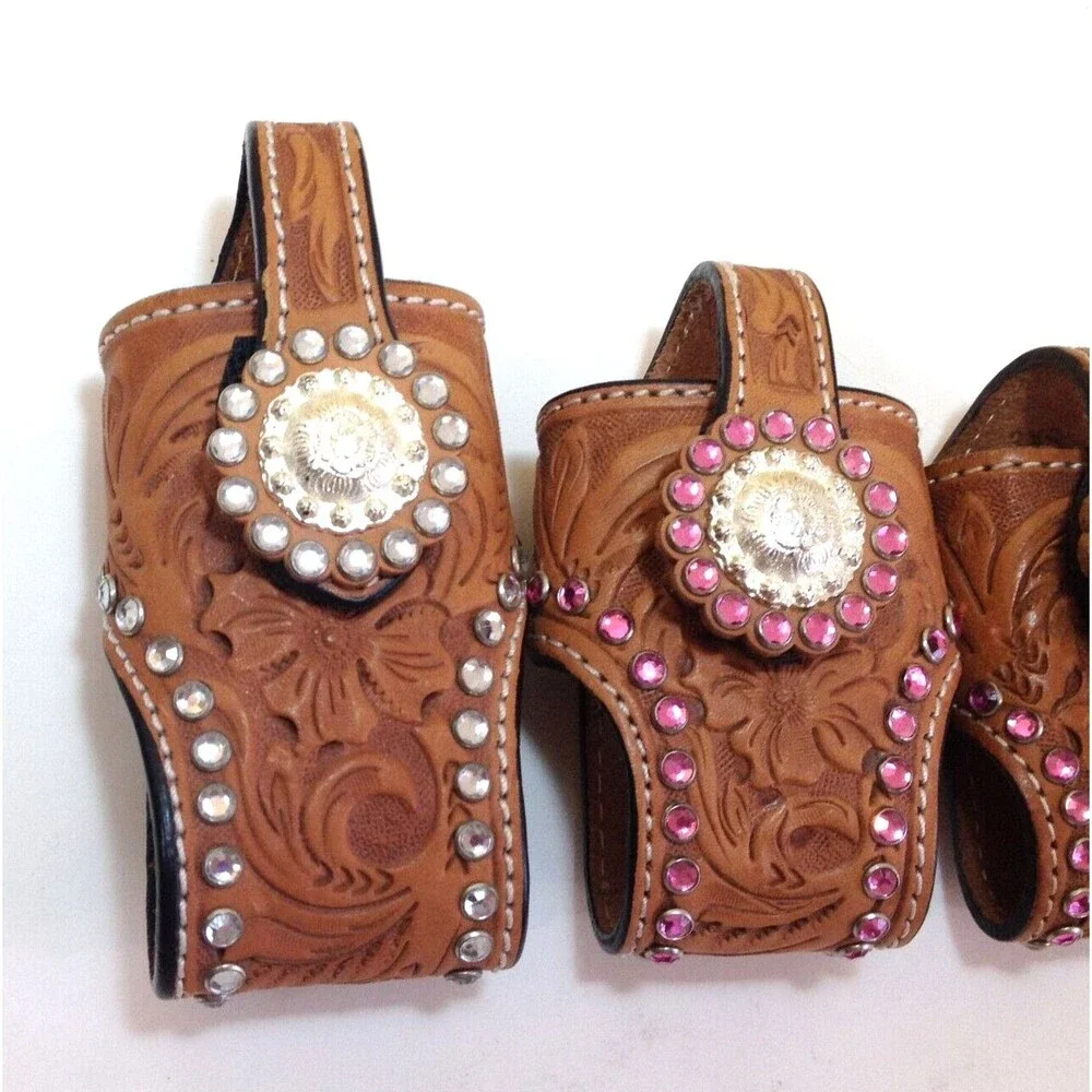 3 Vintage Cowboy Decor Leather & Rhinestones Western Flip Phone Case w/Belt Clip